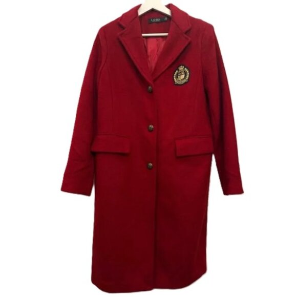 NWT $300 Lauren Ralph Lauren Red Chest Crest Patch Wool-Blend Coat, Sz 8 - Picture 2 of 12